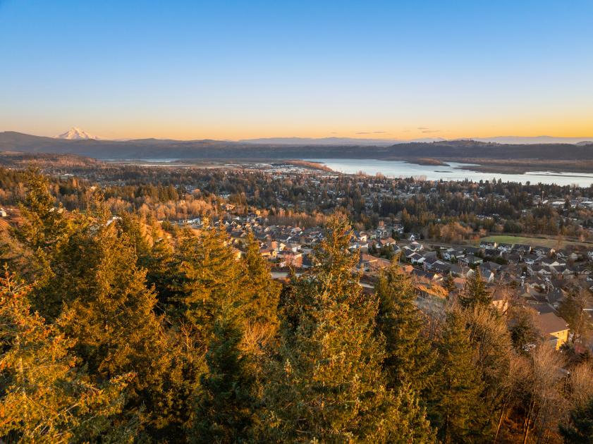 Aerial rendering of Bluffs at Granite Highlands — Toll Brothers estate community above the Columbia River, Washougal, WA